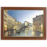 Bland, 21st century, Oil on canvas laid on board, Rialto Bridge, Venice, with a gondola. Signed