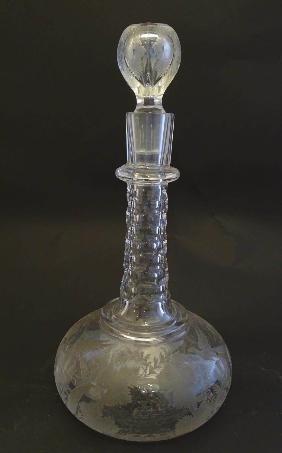 A Victorian glass onion decanter, profusely decorated with etched creeping vines, flowers, phoenix - Image 3 of 9
