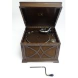 A His Master's Voice HMV model 130 gramophone / phonograph , c1930 , the oak case with hinged lid