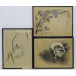 Japanese School, 20th century, Three hand coloured prints, A heron bird amongst reeds, A blue tit in