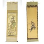 Two Japanese hand painted scrolls, one depicting a warrior / samurai, character marks for Gekko