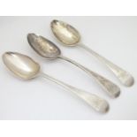 Three 18thC Geo III silver tablespoons. hallmarked London 1761 maker R.B, London 1774 maker P.R