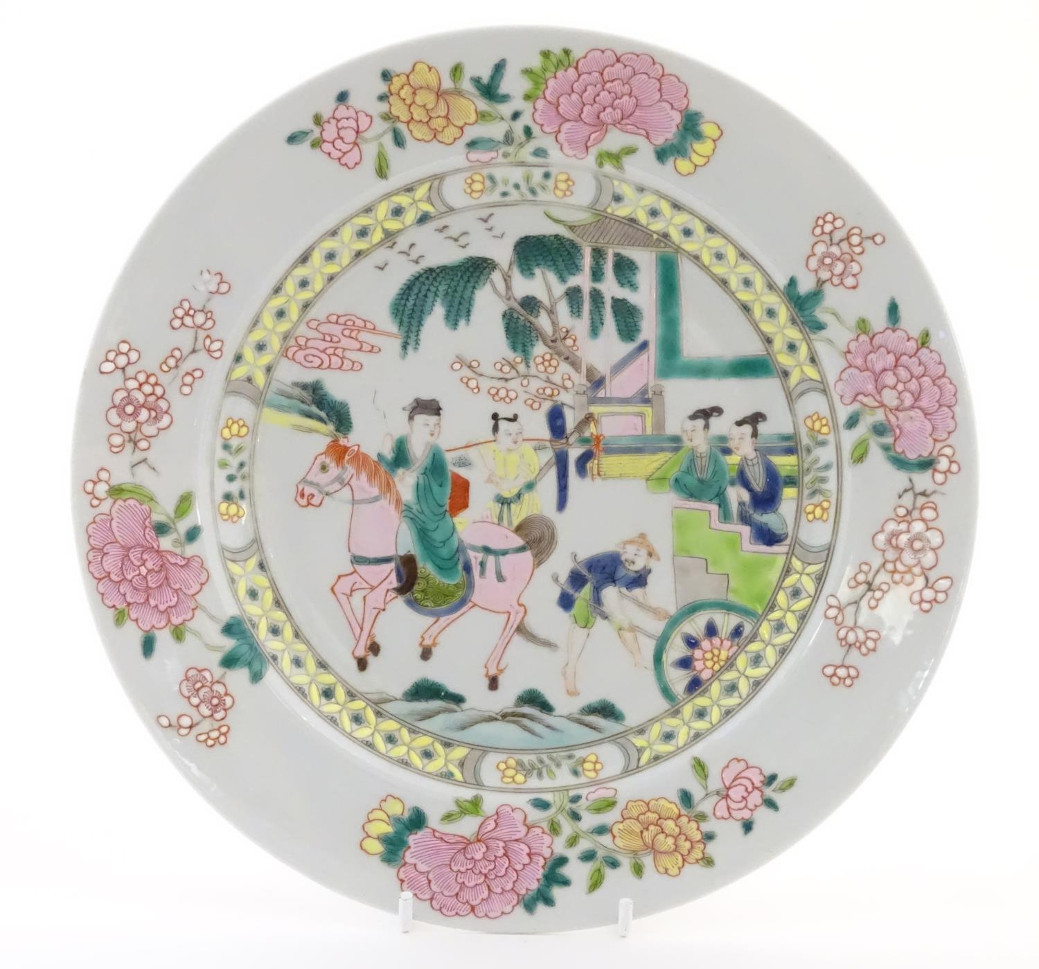 A Chinese famille rose plate depicting a landscape scene with a figure on horse back with an - Image 2 of 12