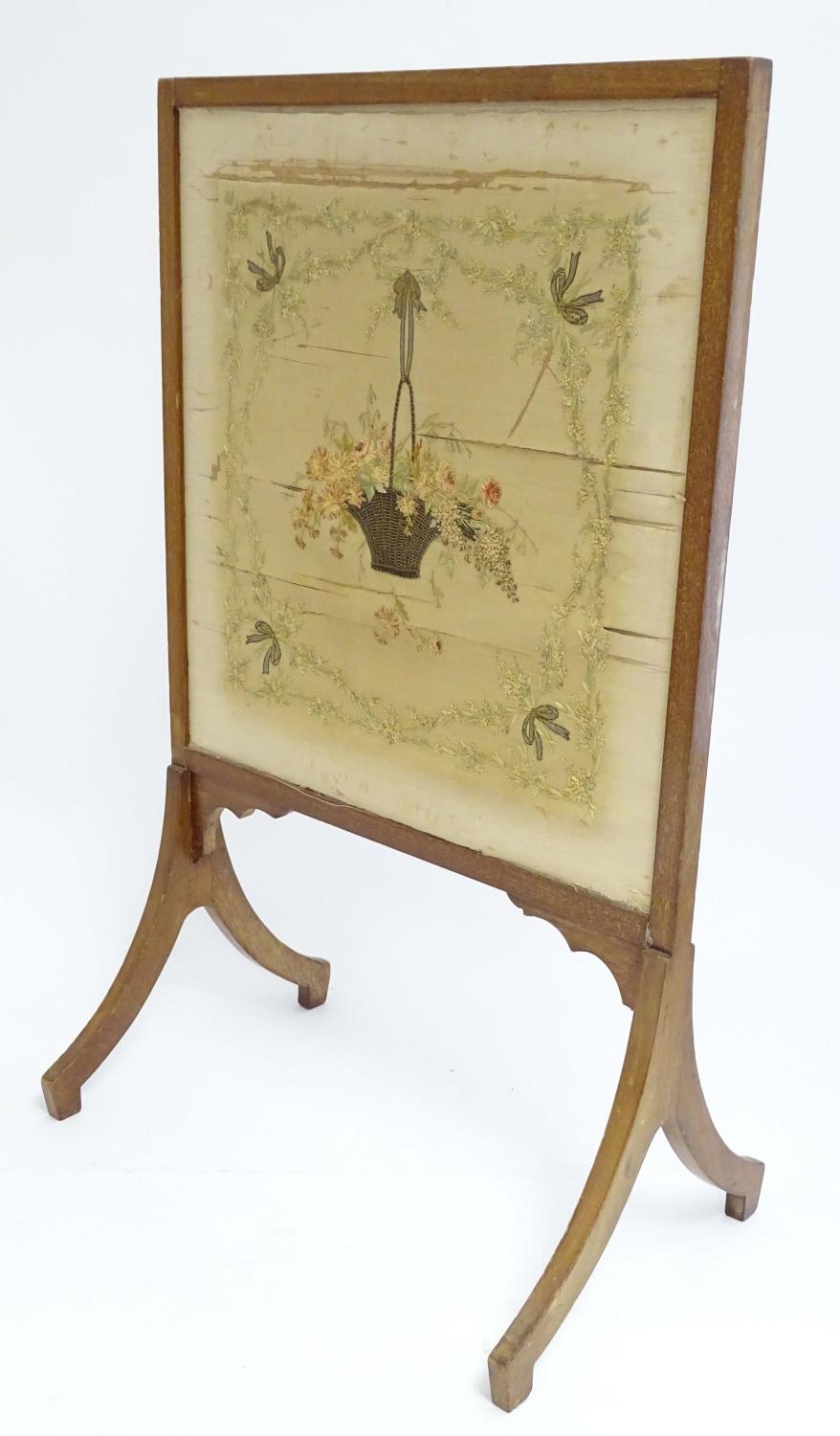 An early 19thC silk needlework with fine floral decoration, bows, swags and a woven basket in a - Image 4 of 10