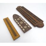 Toys: Three early 20thC cribbage peg boards, comprising a far eastern example with foliate carved