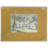 English School, 20th century, Watercolour, A woman and child walking in a woodland near a cottage,