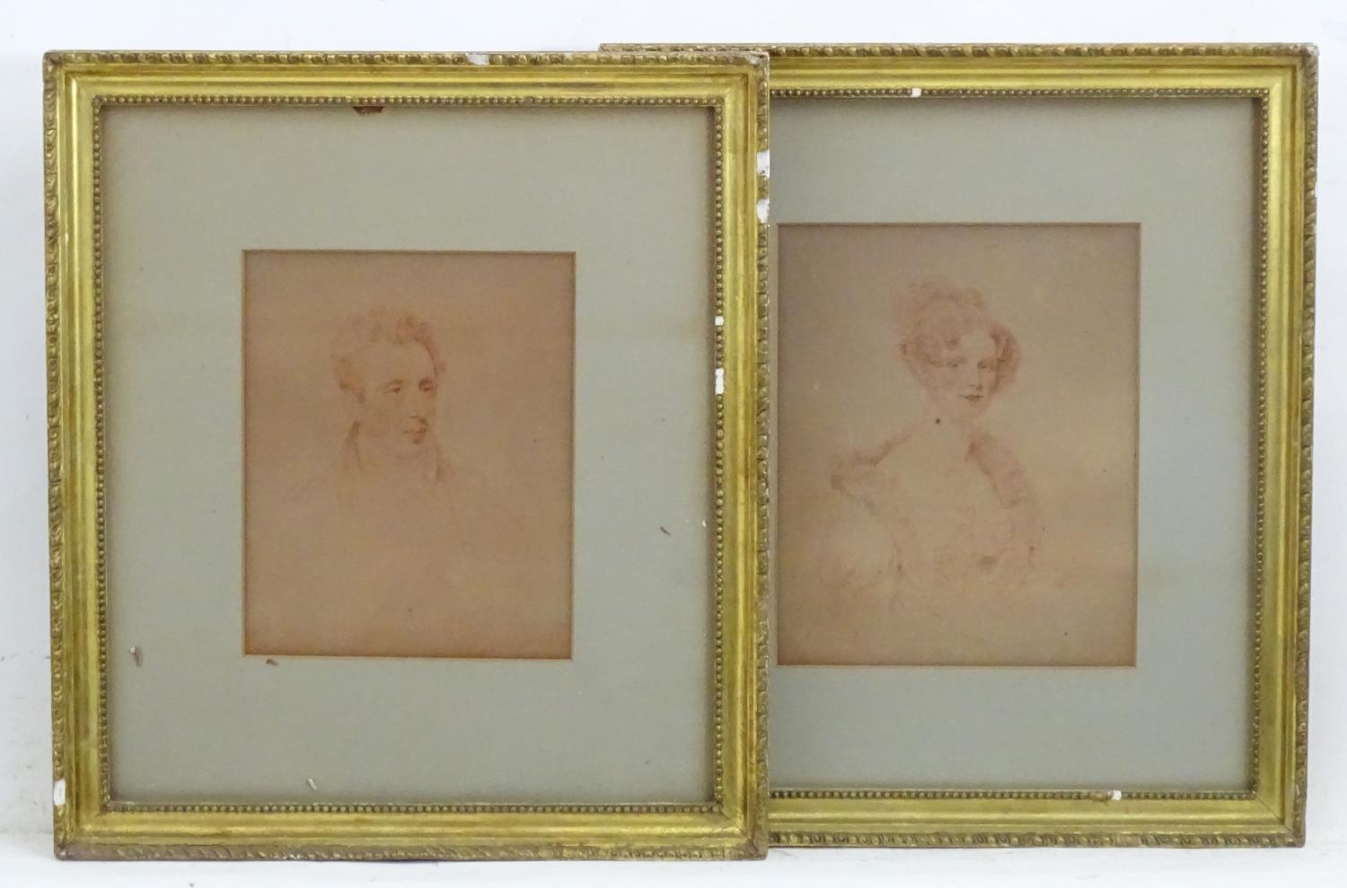 19th century, English School, Sanguine prints, Two portraits, A lady and a gentleman. Approx. 9" x