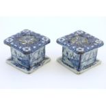 Two Delft blue and white miniature stove / burners of squared form, the three side panels