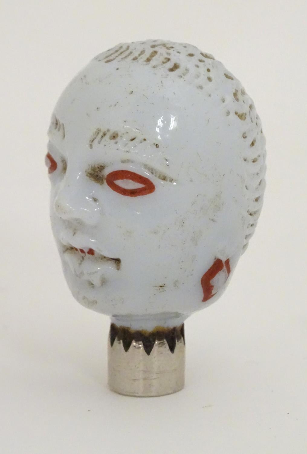 A rare 18th / 19thC Opaline glass scent / perfume flask, the bottle formed as the head of a human - Image 10 of 14