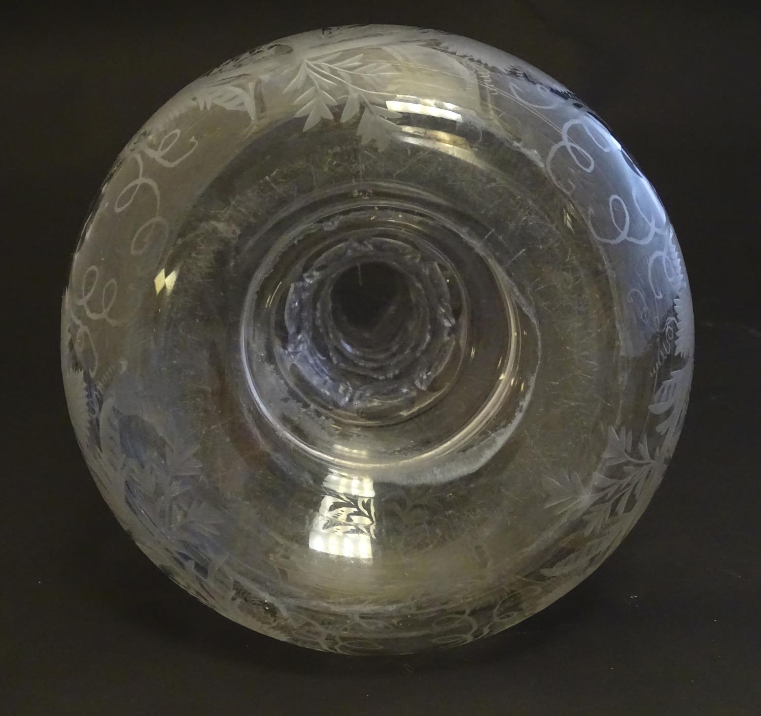 A Victorian glass onion decanter, profusely decorated with etched creeping vines, flowers, phoenix - Image 2 of 9