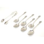 A set of six Albany pattern silver teaspoons and matching tongs, hallmarked Birmingham 1908, maker