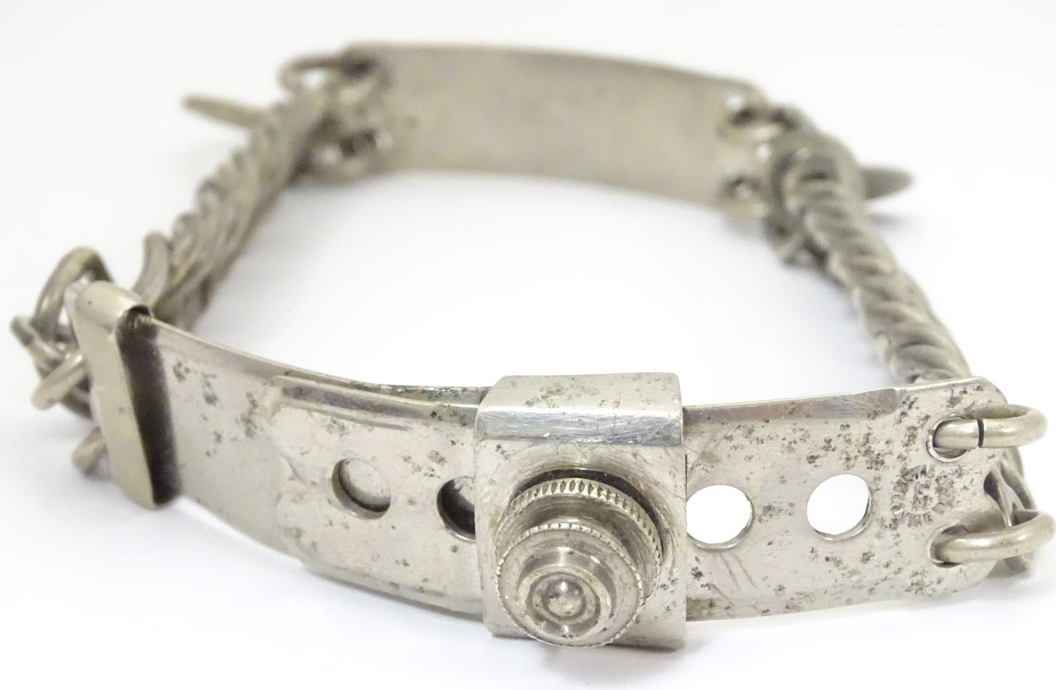 A French silver plate dog collar with chain links, adjustable clasp and engraved owner plaque. - Image 2 of 7