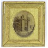 A 19thC embroidery on silk depicting a view of Lancaster Castle. Oval approx. 7" x 5 1/2" Please