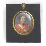 An early 20thC colour print depicting a portrait of a military gentleman, in a 19thC oval gilt metal
