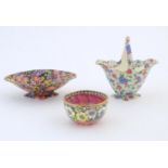 Three ceramic items comprising a Royal Winton basket in the pattern Old Cottage Chintz with