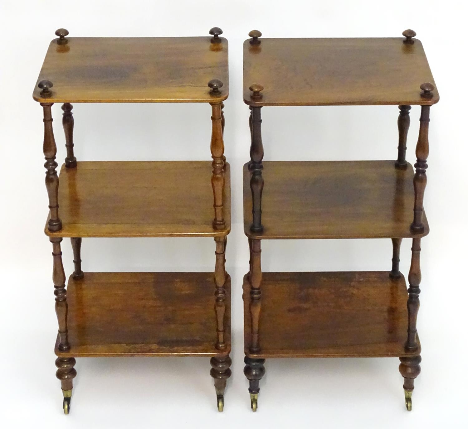 A pair of regency rosewood whatnots with turned finials to the tops and three tiers united by turned - Image 10 of 15