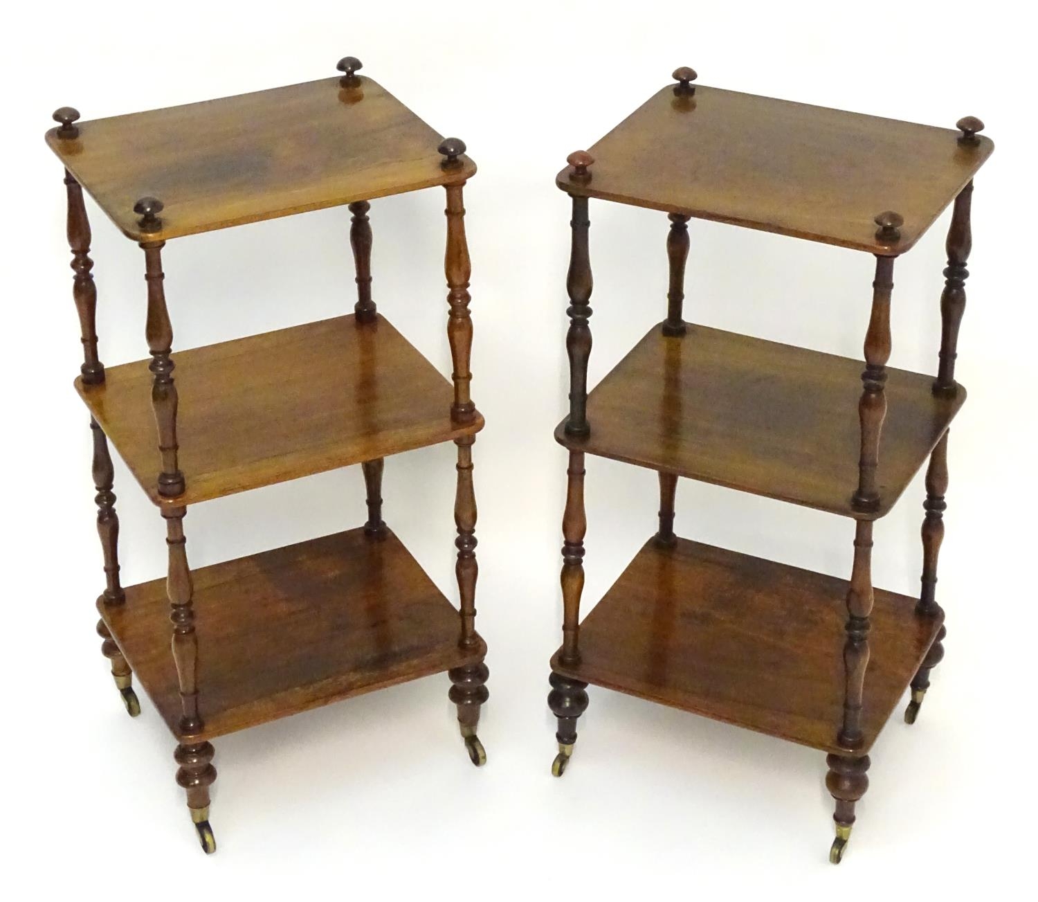A pair of regency rosewood whatnots with turned finials to the tops and three tiers united by turned - Image 5 of 15