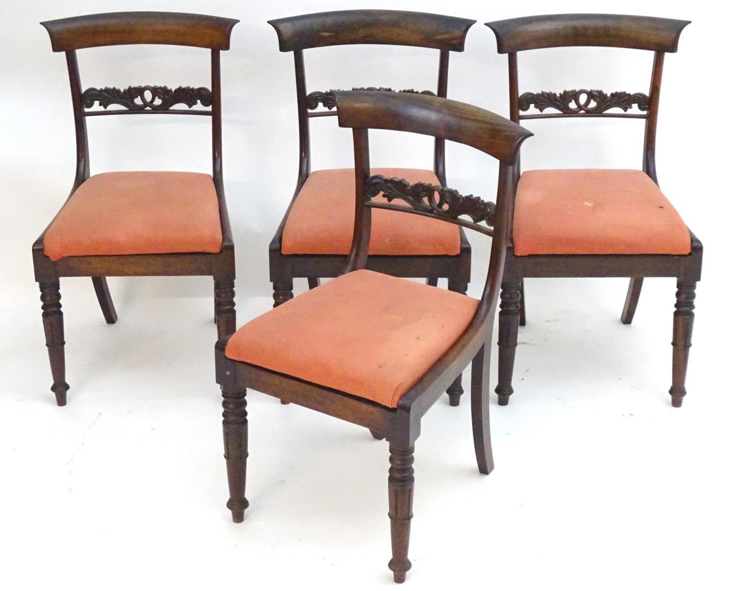 A set of four William IV rosewood dining chairs with shaped top rails, pierced mid rails, drop in - Image 13 of 14