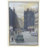 Deirdre Nicol, 20th century, Watercolour, A city street view with cars, buses, tram lines and