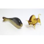 A Wedgwood glass model of fish together with a Murano glass figure of a bull. The fish 7 1/2"