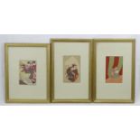 Three Japanese colour prints, to include Two Japanese women with fans with chickens / cockerels; The