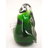 A mid 20thC figural art glass ornament formed as a penguin, green and clear glass, etched '