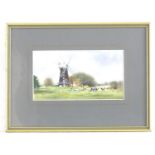 Brian C Day, 20th century, Watercolour, A landscape scene with a windmill and Friesian cows grazing.