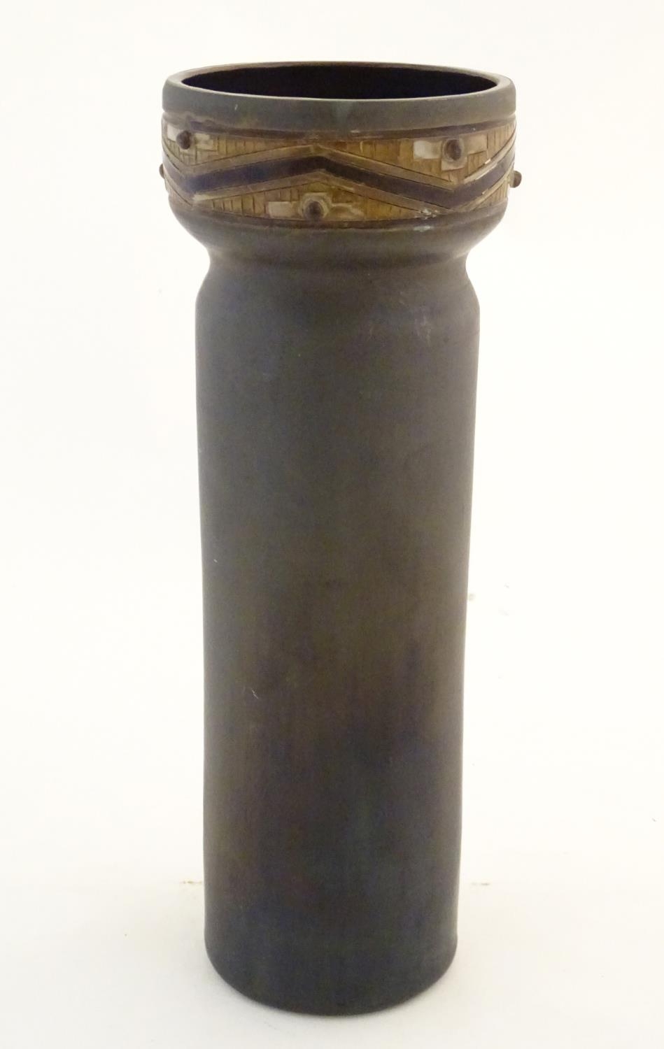 A tall studio pottery vase of cylindrical form with banded decoration to the rim. Incised mark - Image 4 of 6