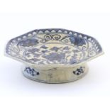 An Oriental blue and white footed dish, the octagonal top decorated with floral and foliate