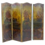 A 19thC four fold screen with painted scenes depicting naval ships and painted writing 'Armada
