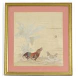 A Chinese embroidery / needlework depicting a cockerel, chicken and chicks in a landscape. Character
