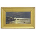 19th century, Oil on canvas, A moonlit beach scene with crashing waves. Approx. 6 1/2" x 13 1/4"