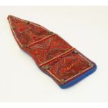 An early 20thC needlework wall pocket for keeping sewing accessories, decorated with cabochon