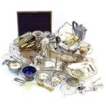A quantity of assorted silver plated wares to include teapot, toast rack, vase, dishes, napkin ring,