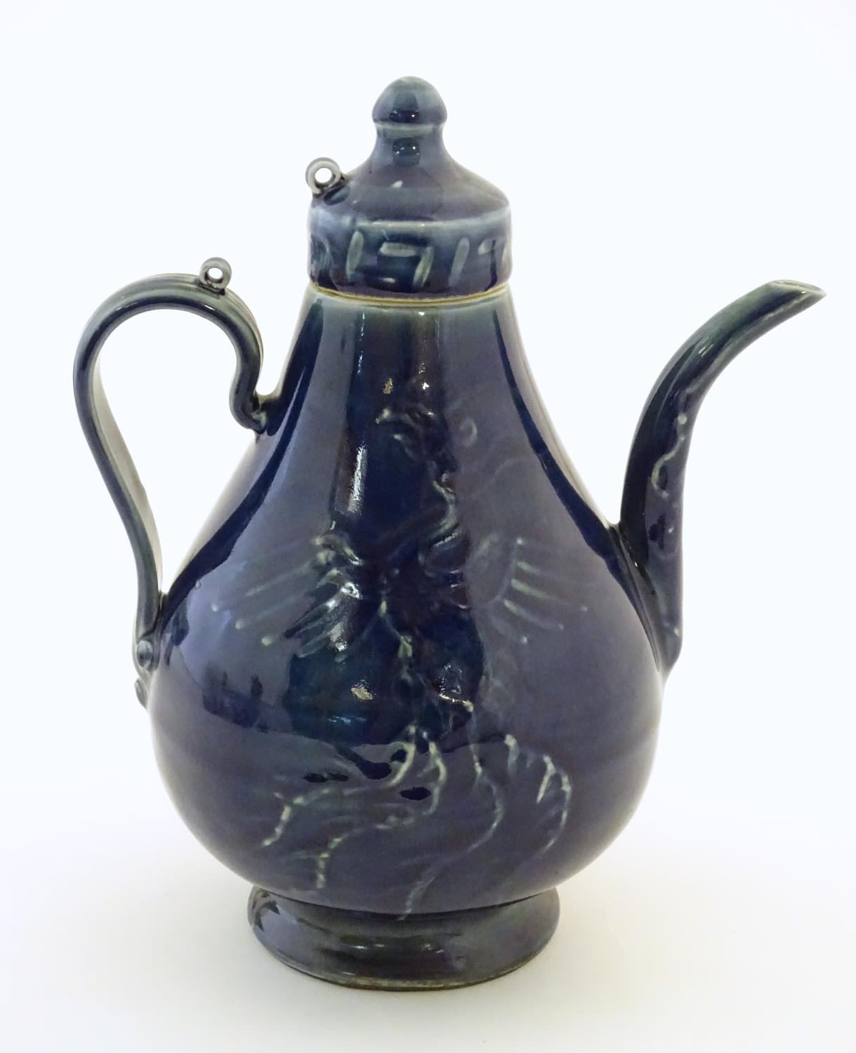 A Chinese pear shaped teapot with phoenix bird decoration to body. Approx. 8 3/4" high Please Note - - Image 4 of 7