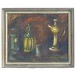 Indistinctly signed, possibly C. Sanites ?, 19th century, Oil on board, Still life study of jugs and