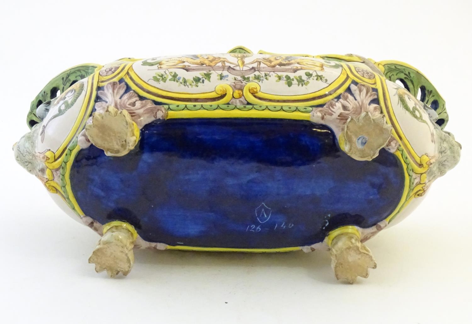 An Italian faience planter of oblong form on claw feet with panelled grotesque decoration - Image 13 of 13