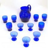 A quantity of 19thC Bristol blue style glass, comprising jug, six tumblers and five liqueur glasses,