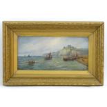 R Douglas, Late 19th century, Oil on canvas, A coastal seascape with sailing and fishing boats,