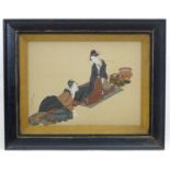 After Katsushika Hokusai, Japanese School, Hand coloured print on silk, Two resting ladies /