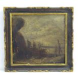 19th century, English School, Oil on canvas laid on board, A harbour scene with moored fishing boats