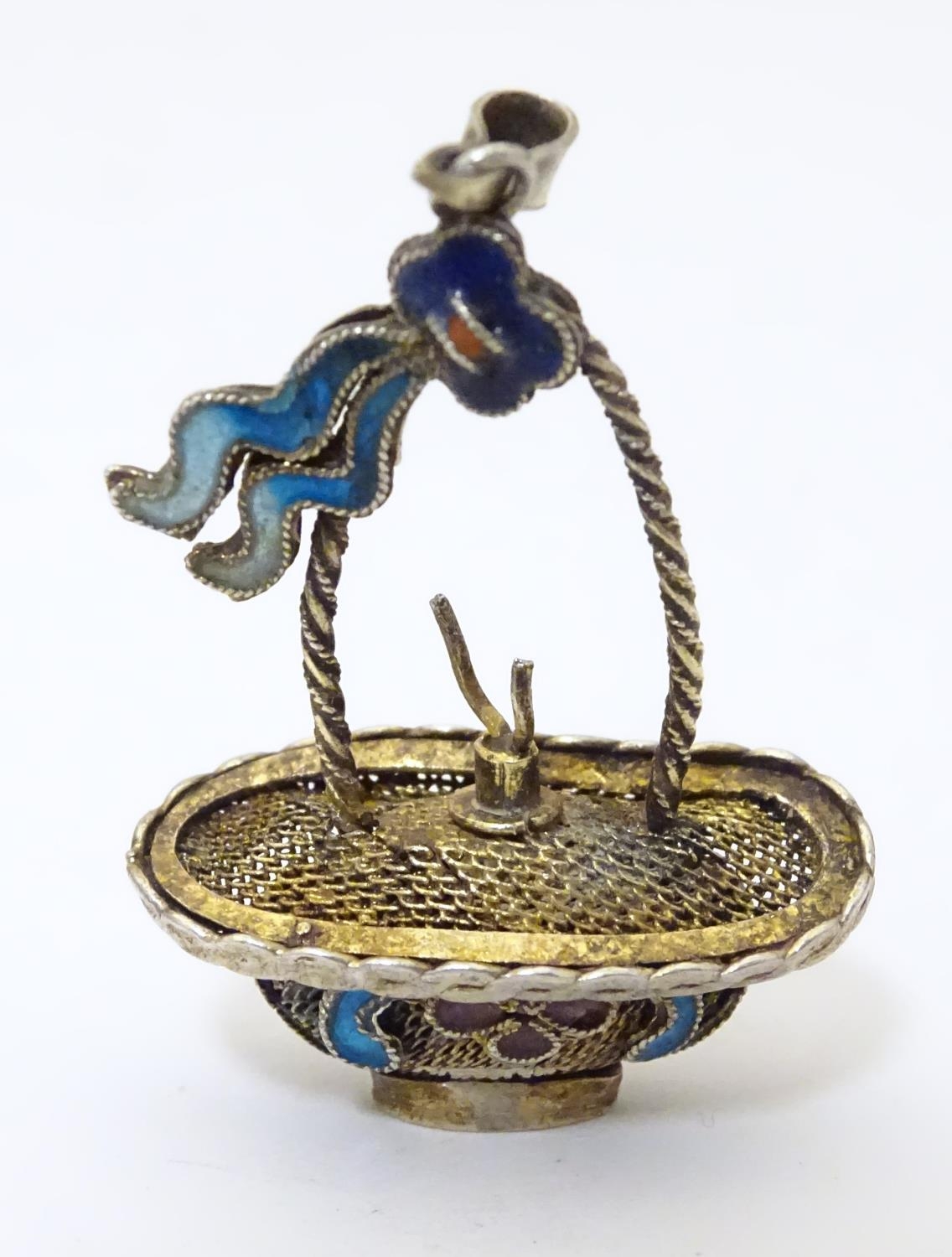 A white metal pendant of basket form with filigree style detail and enamel decoration. Approx. 1 1/ - Image 6 of 6