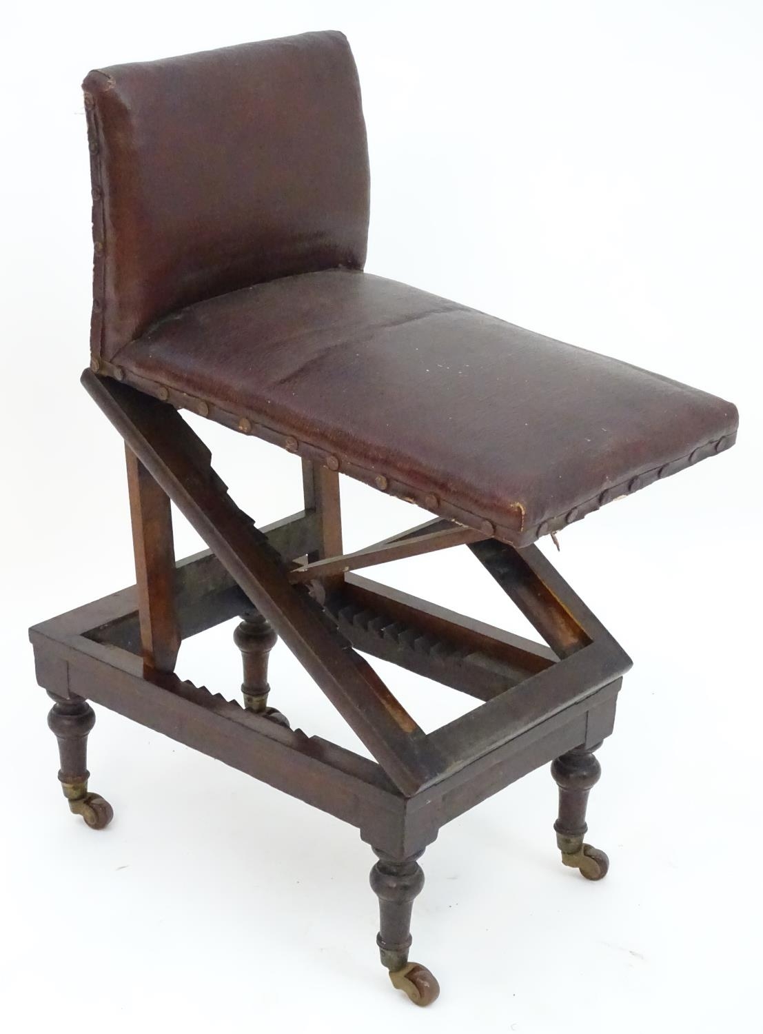A late 19thC mahogany adjustable gout stool with leather upholstery and studded detailing, - Image 8 of 12
