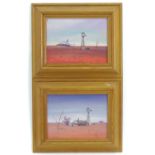 20th century, Oils on board, Two landscape scenes depicting Australian outback desert farms with