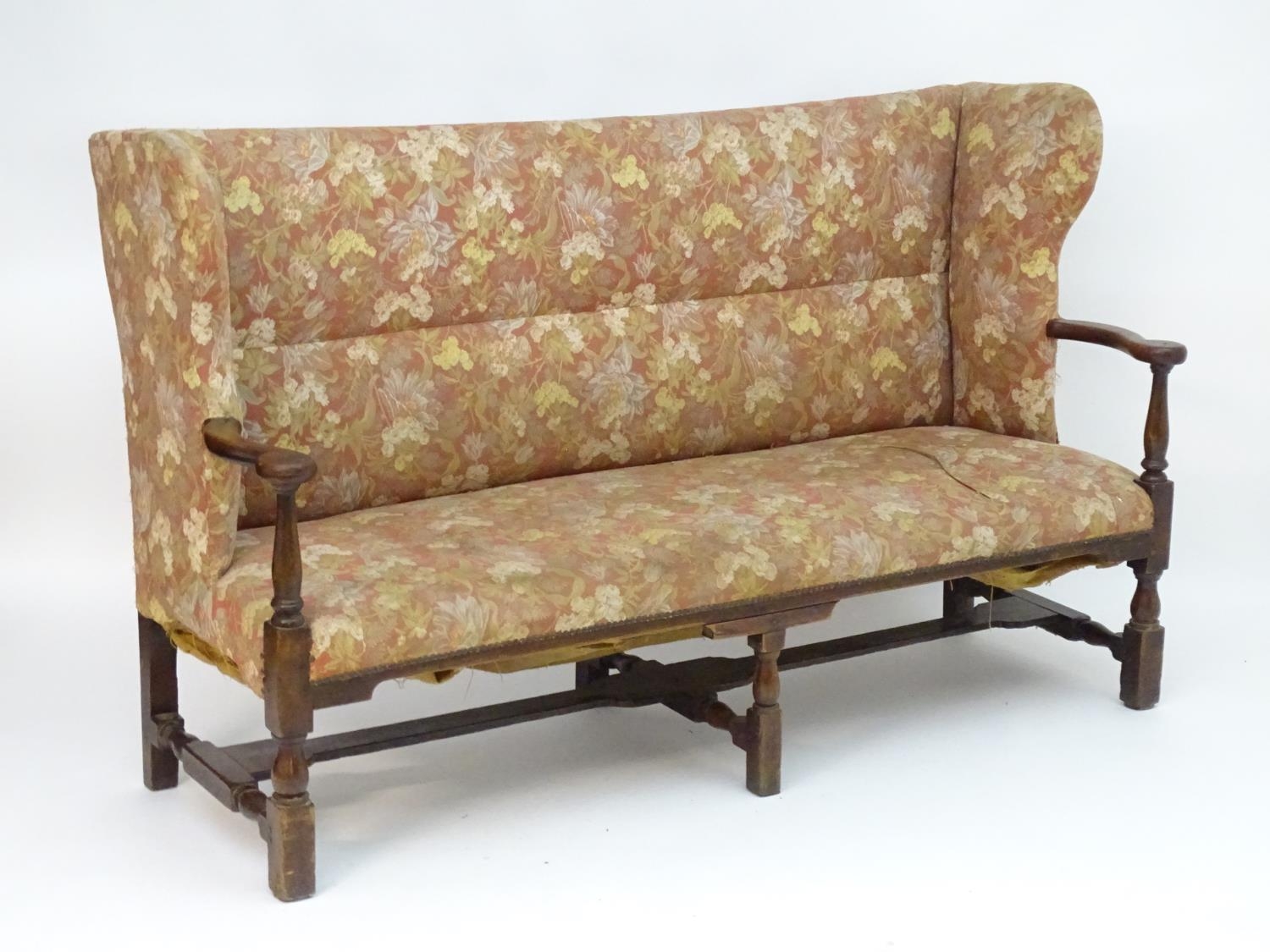 A mid 18thC wingback sofa with scrolled arms and an upholstered backrest and seat above a - Image 12 of 12