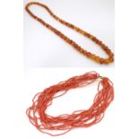 A graduated bead necklace of facet cut amber coloured beads Approx 32" long together with a necklace