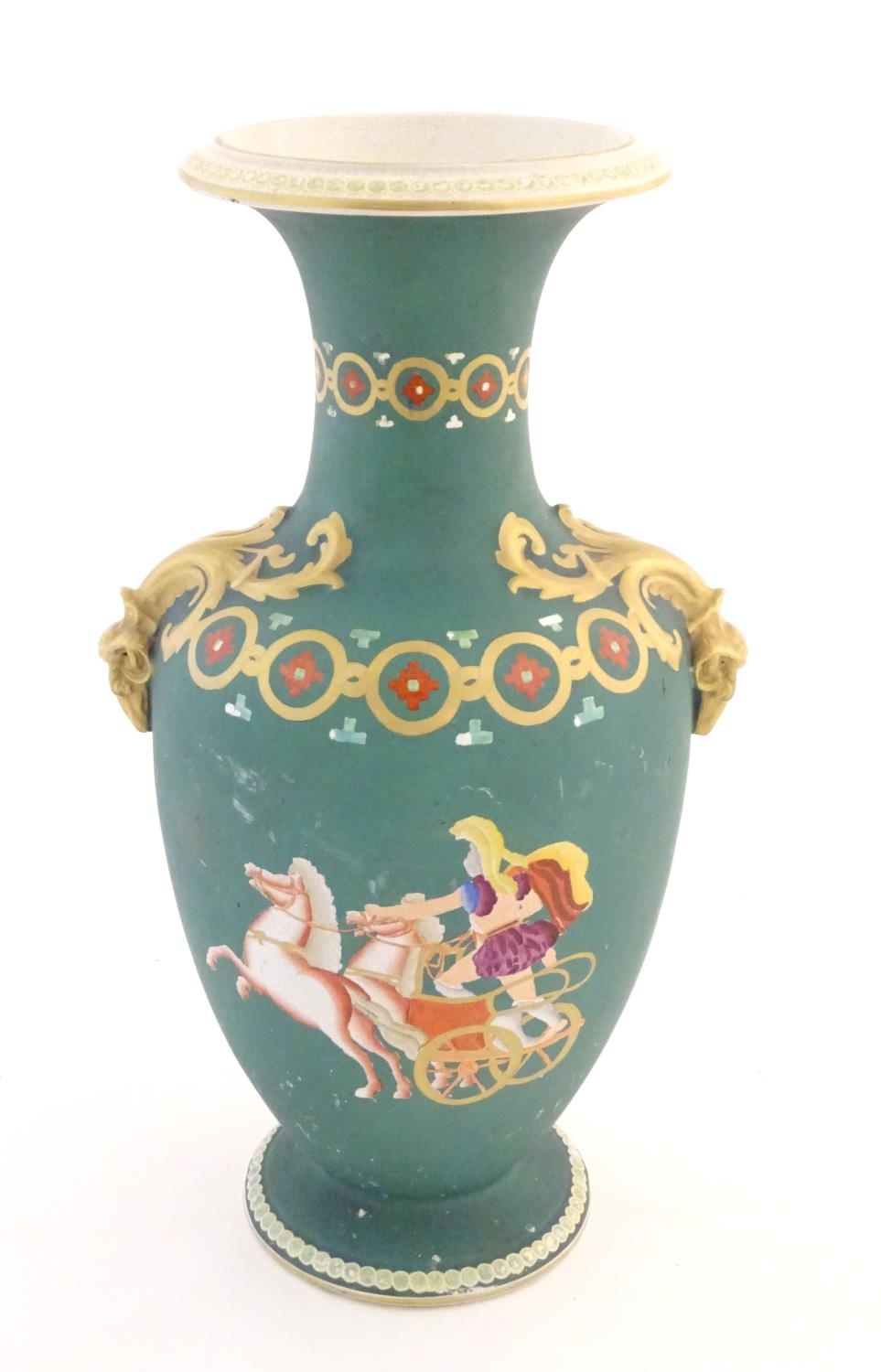 A Prattware baluster vase with Classical decoration depicting a Roman gladiator and chariot etc. - Image 5 of 12