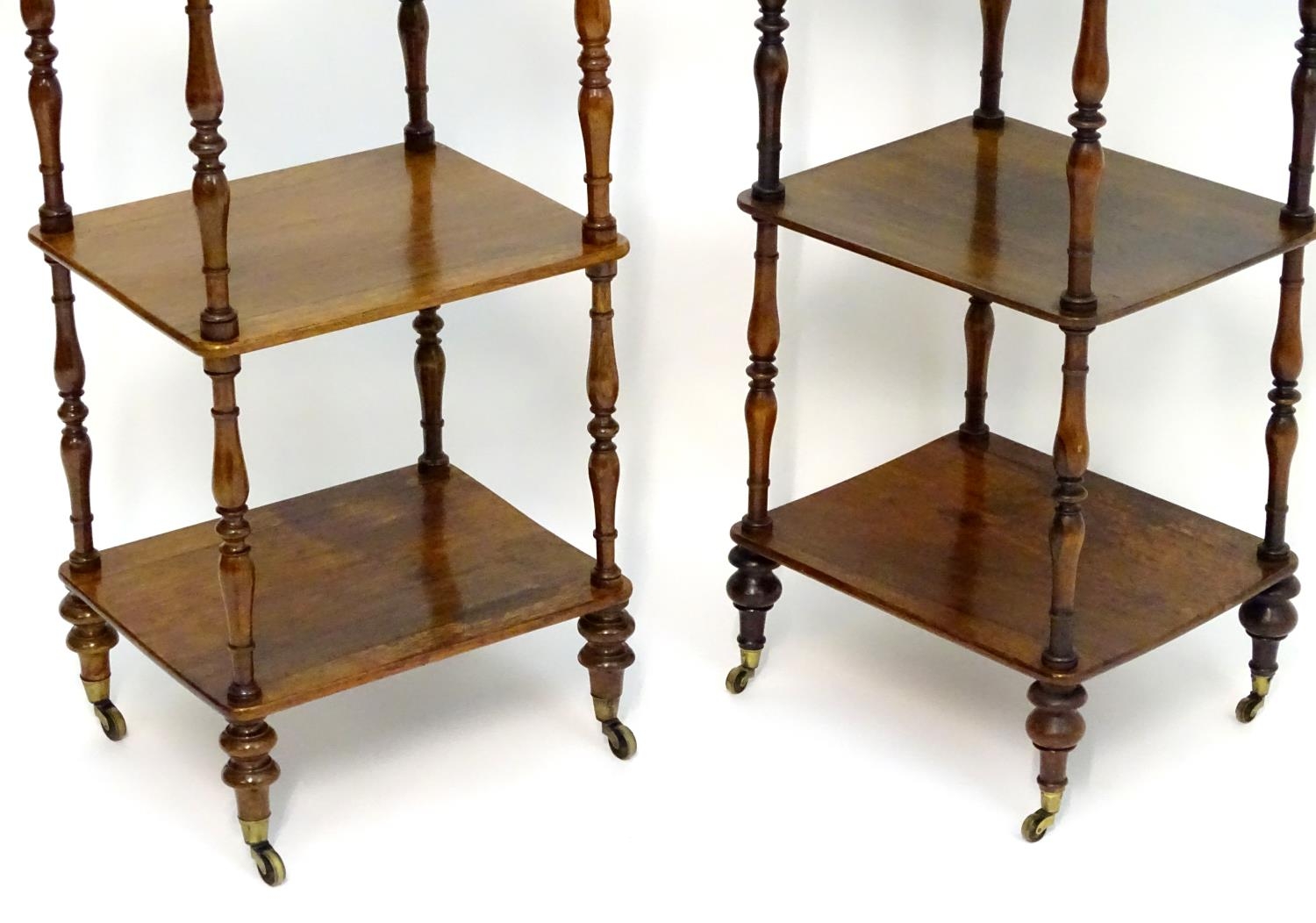 A pair of regency rosewood whatnots with turned finials to the tops and three tiers united by turned - Image 13 of 15