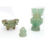 Two Oriental carved hardstone / fluorite items comprising a twin handled lidded censer with animal