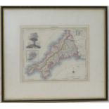 Map: A 19thC hand coloured engraved map of Cornwall including the Scilly Isles, after Benjamin